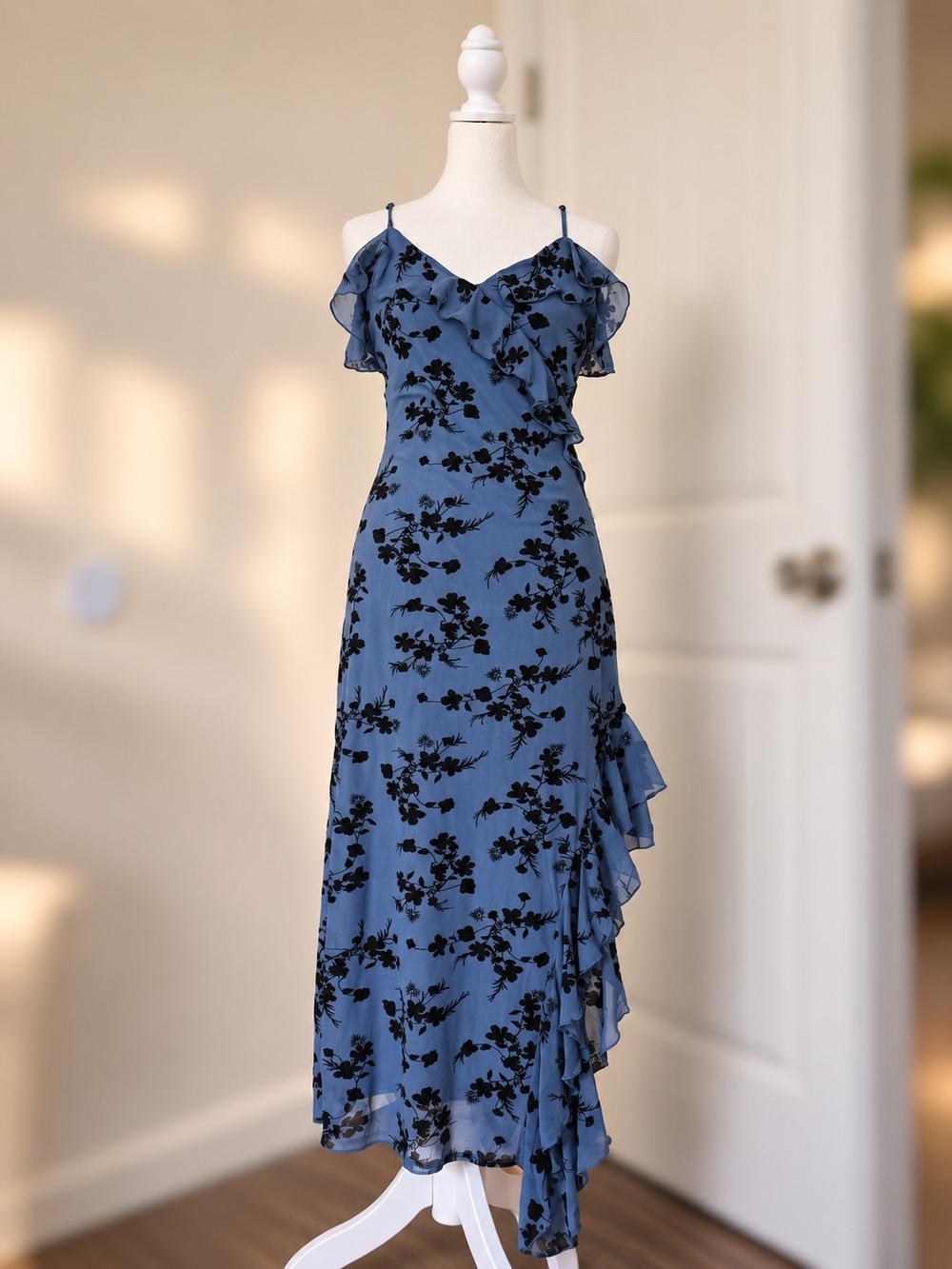 Blue Floral Ruffle Midi Dress Size L